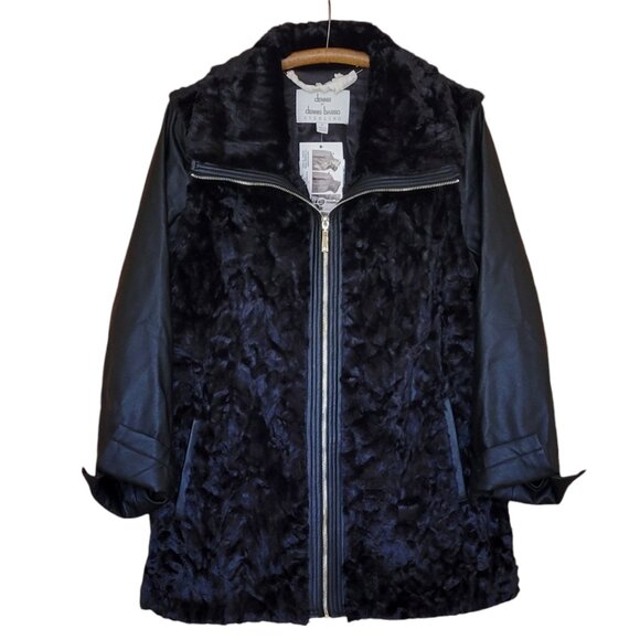 Dennis Basso Faux Fur Vegan Leather Zip Front Jacket w/ Zip-Off Sleeves NEW - Picture 1 of 14